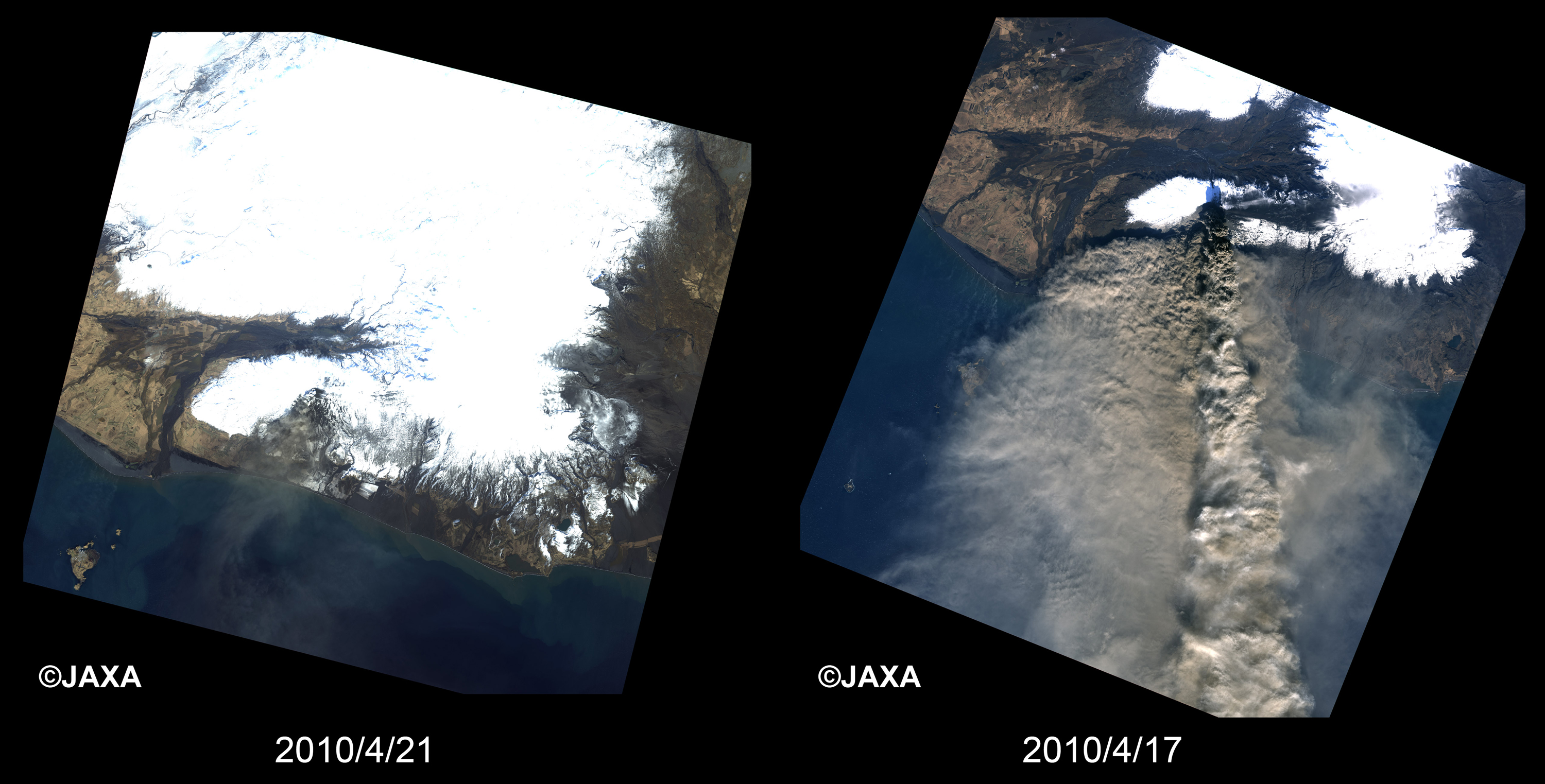 図2: エイヤフィヤトラヨークトル氷河の全体画像の比較