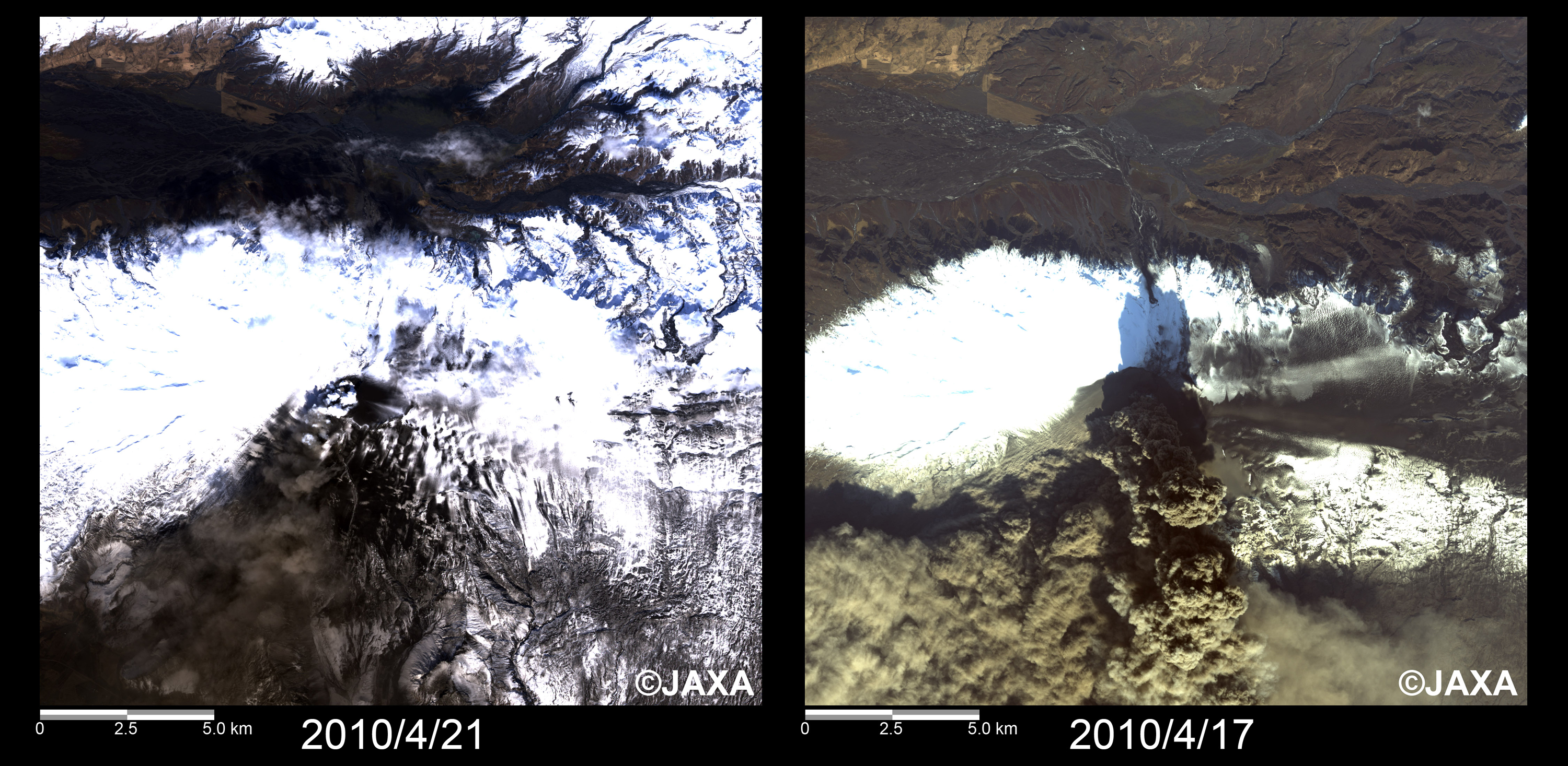 図3: エイヤフィヤトラヨークトル氷河の火山火口付近の拡大画像(それぞれ20km四方)