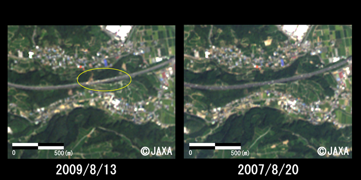 図2:路肩が崩落した東名高速道路牧之原サービスエリア付近の拡大(それぞれ約1.3km四方)