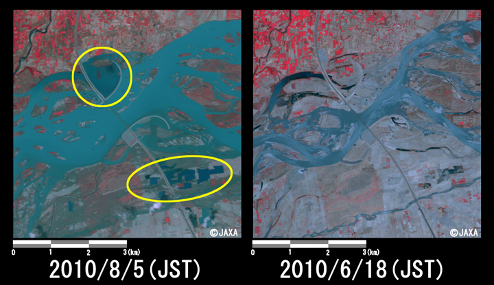 図3: アットク地区カムラの河川増水の様子(それぞれ約6km×6kmのエリア)