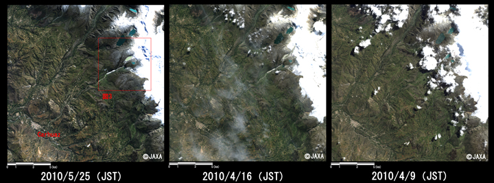 図2: 氷河崩落により水があふれた湖と下流の町Carhuaz付近の拡大(それぞれ約18km四方)