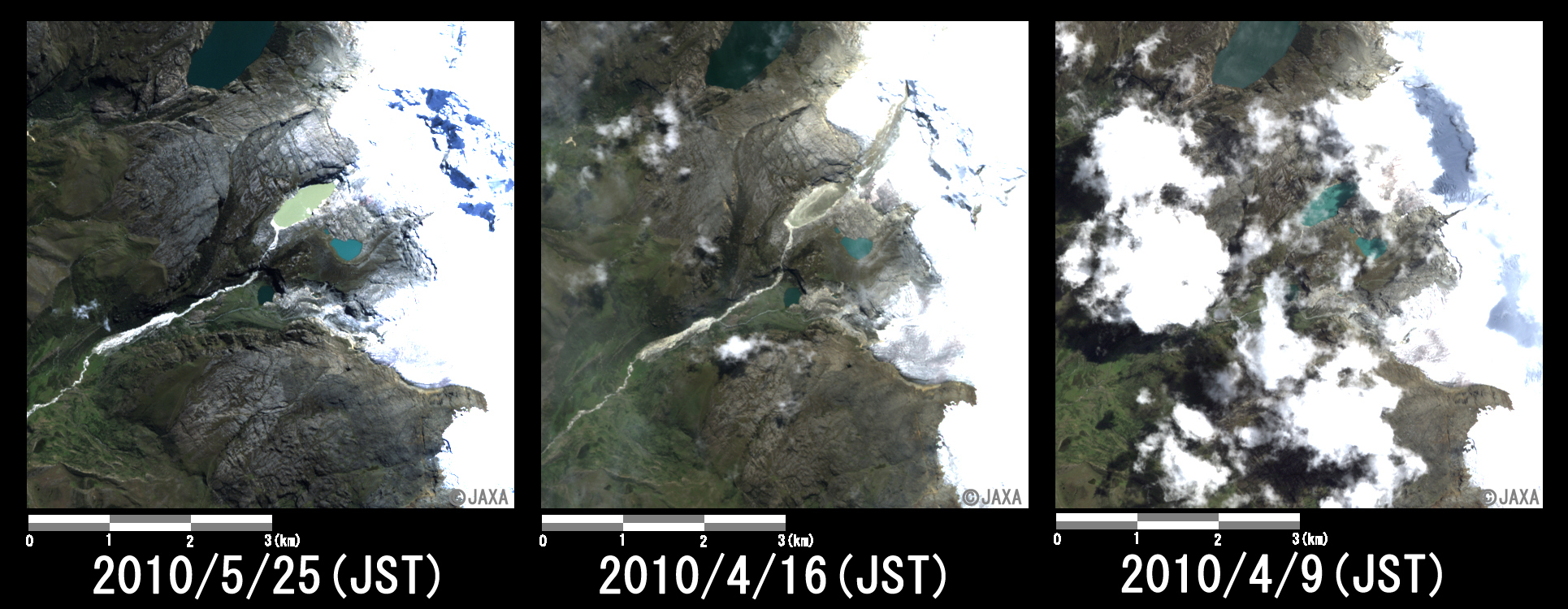 図3: 氷河が崩落したと考えられる湖の拡大(それぞれ約6km四方)