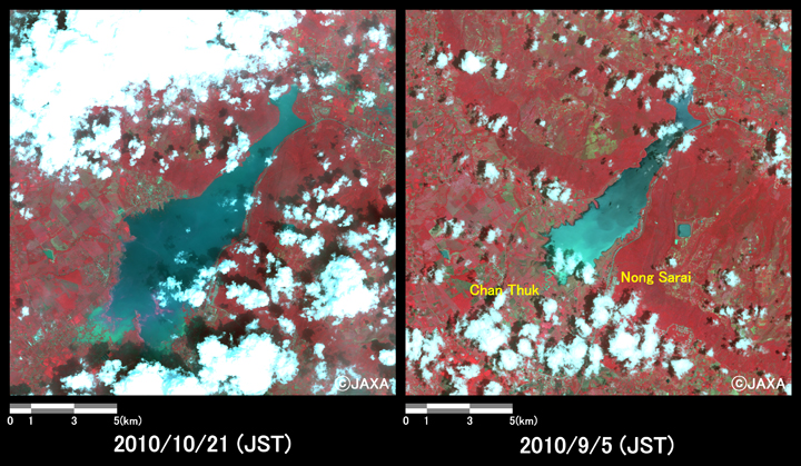 図4: Chan Thuk付近の湖の増水の様子(それぞれ約18km×18kmのエリア)
