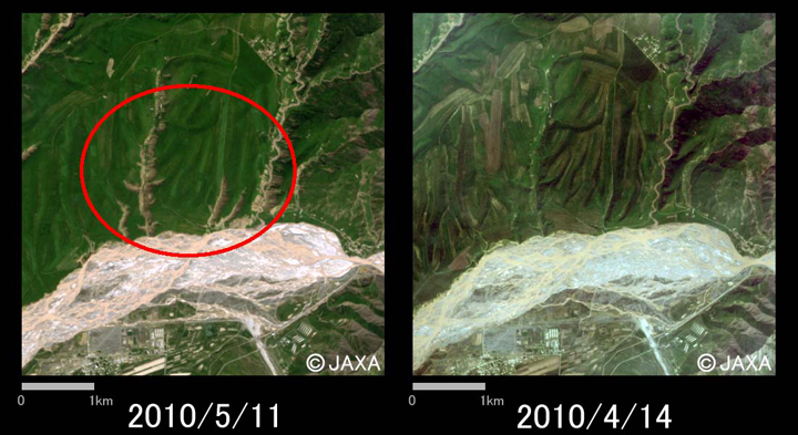 図3: Khanabad付近で発生した土砂崩れの様子(それぞれ約5km×5kmのエリア)