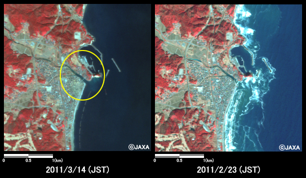 図5: 福島県いわき市久之浜付近の冠水の様子(約3km×3kmのエリア)