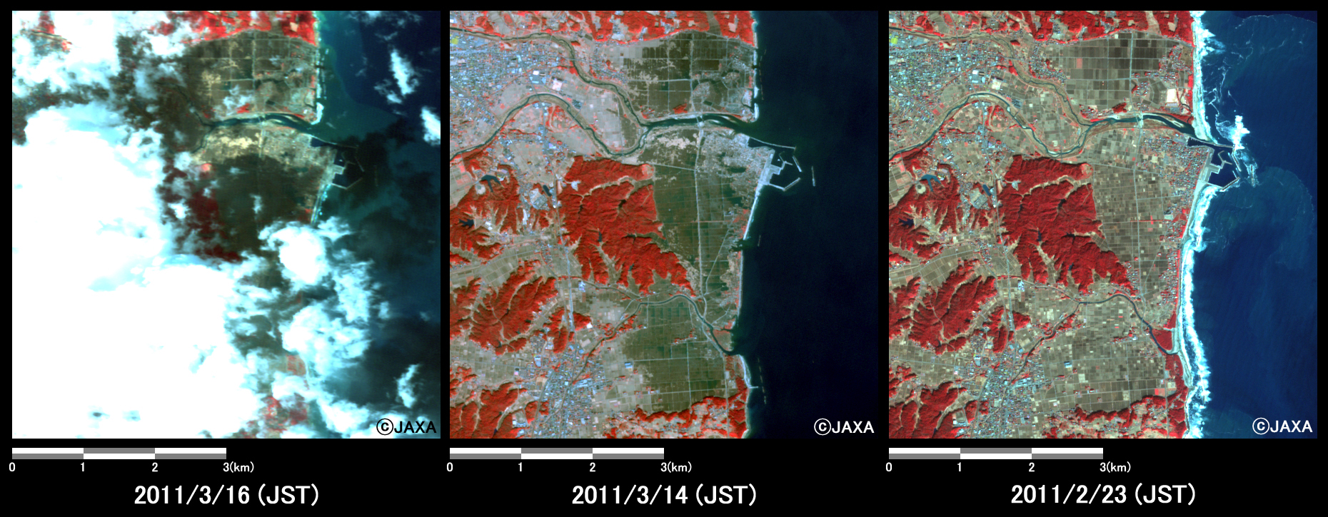 図3: 福島県浪江町請戸港付近の冠水の様子(約6km×6kmのエリア)