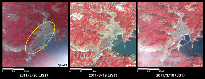 図7: 岩手県宮古市田老地区の冠水の様子(約3km×3kmのエリア)