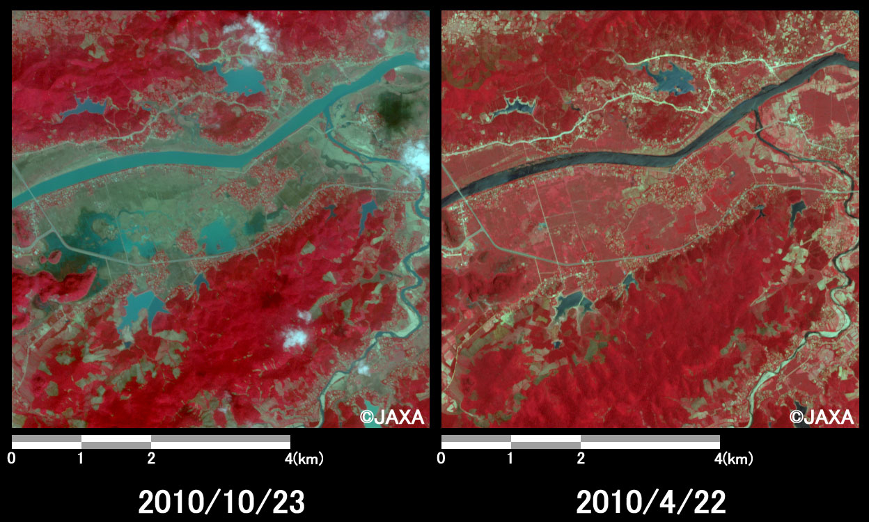 図3: Gianh川の増水の様子(Dong Hoiから北西約32km、それぞれ約6km×6kmのエリア)