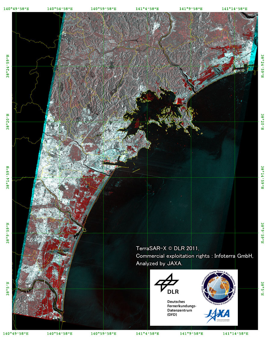 図5: DLRのTerra-SAR-Xによる仙台市の津波被災領域抽出