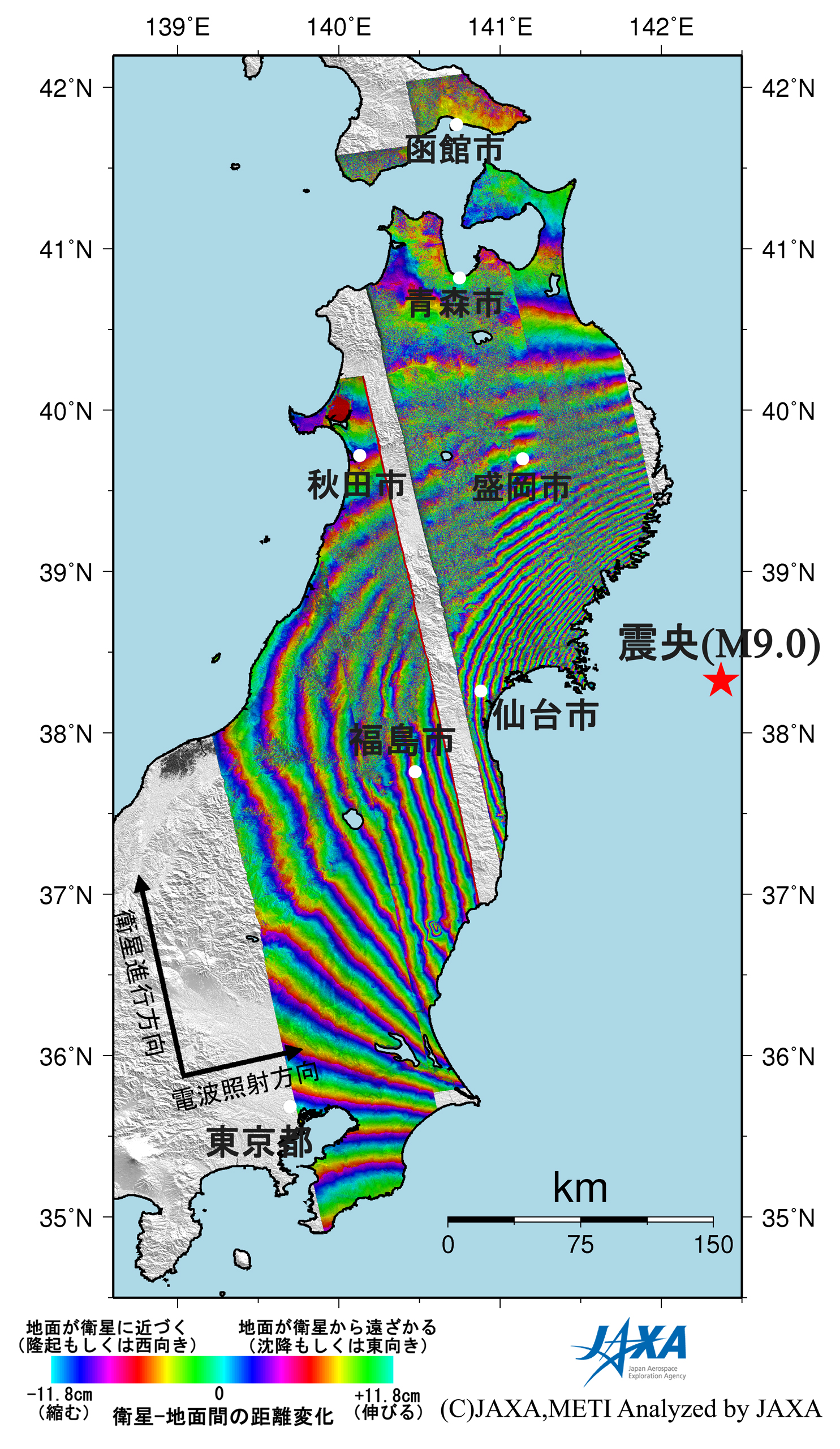 図3: これまでに実施した地殻変動観測の結果(昇交軌道のみ)