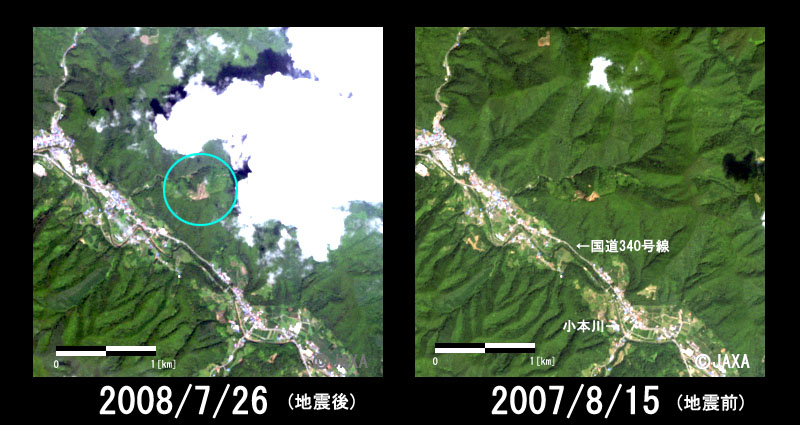 図3: 岩泉町付近の拡大図(3.2km×3.2km四方、左:被災後、右:被災前)
