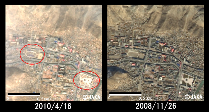 図3: 避難所となっていると思われる箇所の拡大画像(それぞれ約1.5km四方、パンシャープン画像*)