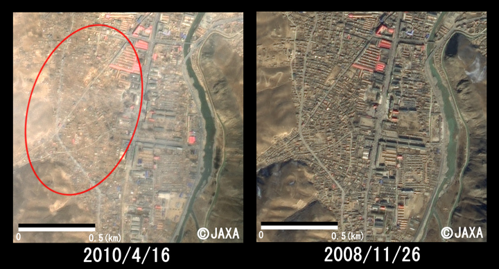 図4: 建物が倒壊していると思われる箇所の拡大画像(それぞれ約1.5km四方、パンシャープン画像*)