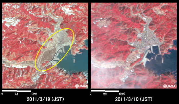 図7: 岩手県宮古市田老地区の冠水の様子(約3km×3kmのエリア)