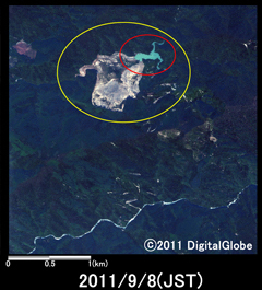 中央図: 災害後2011年9月8日観測(WorldView-2)