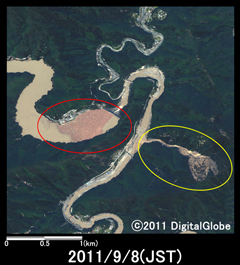 中央図: 災害後2011年9月8日観測(WorldView-2)