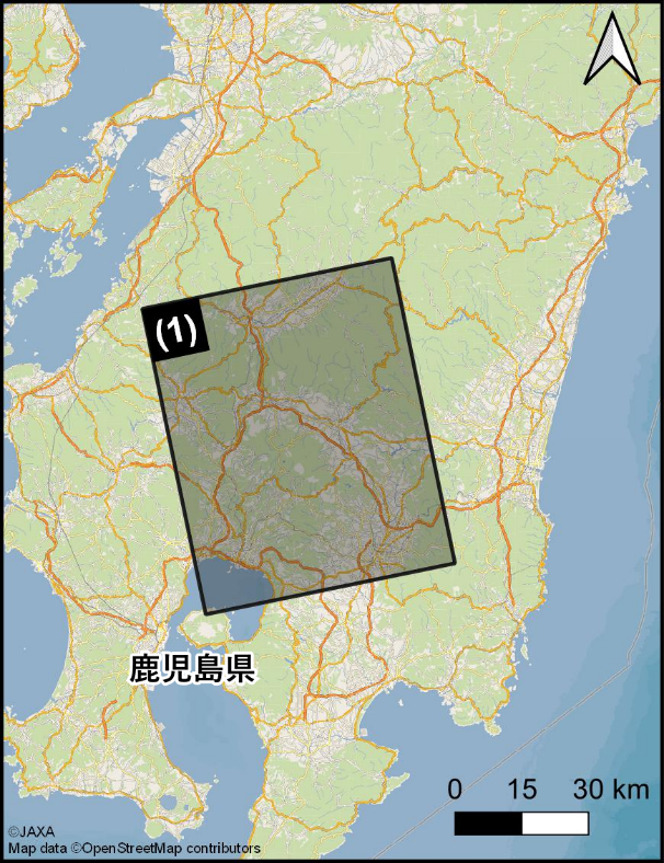 図1:「だいち2号」と「だいち4号」による2025年6月28日~7月4日の観測範囲(図中番号は表1と対応)。