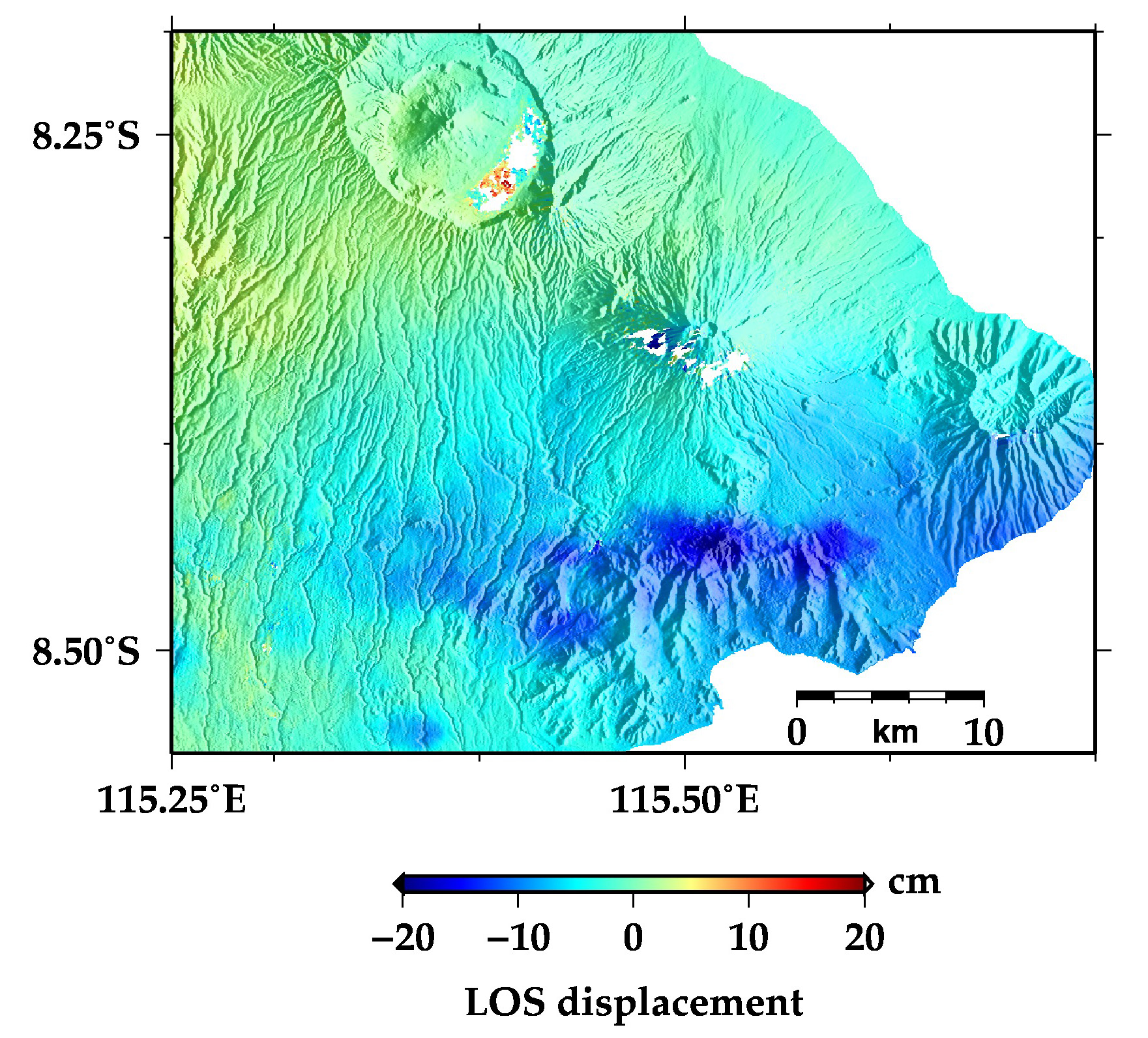 図3：噴火前後の2つのデータを干渉処理することにより得られた差分干渉画像