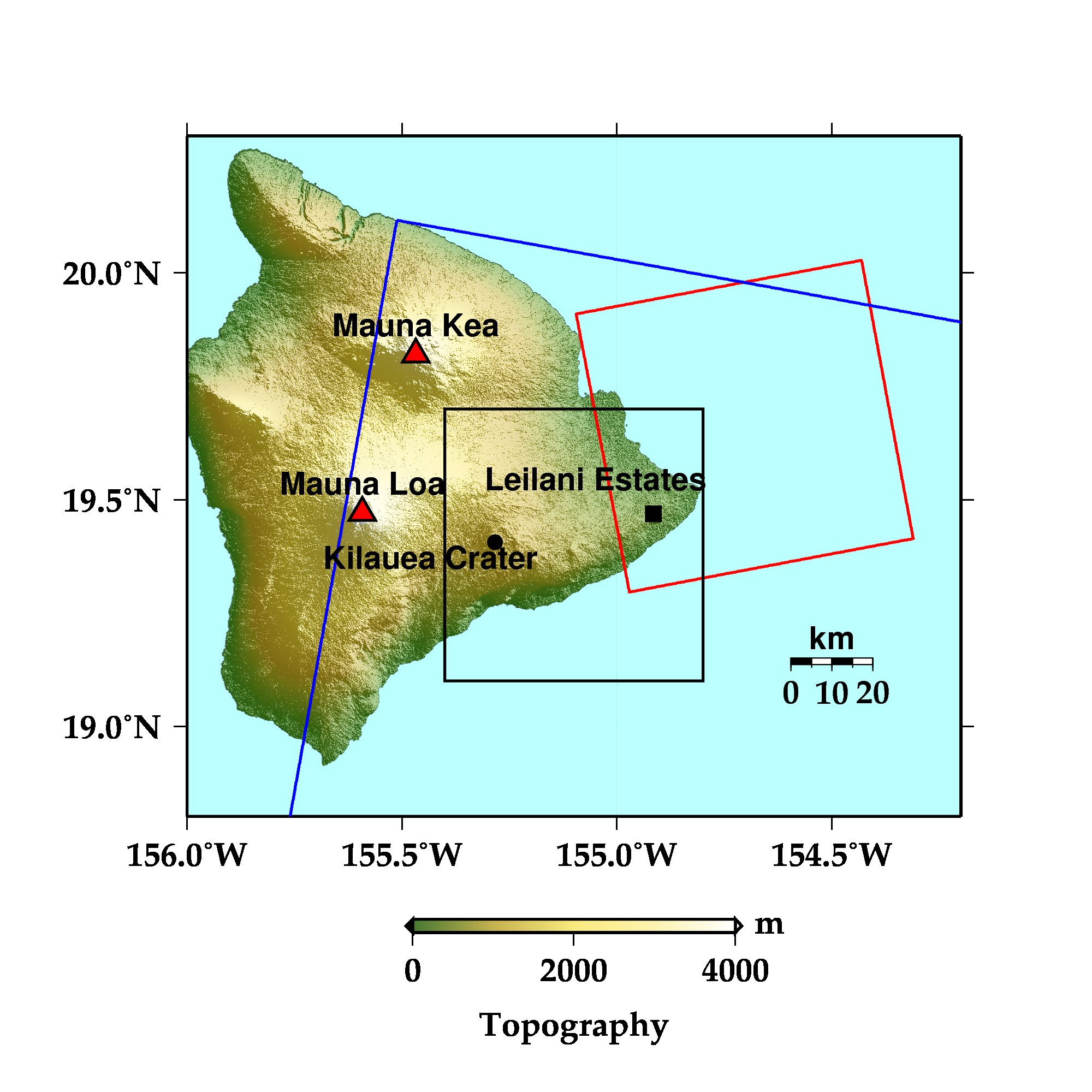 図1: ハワイ島の地形図と「だいち2号」による観測範囲