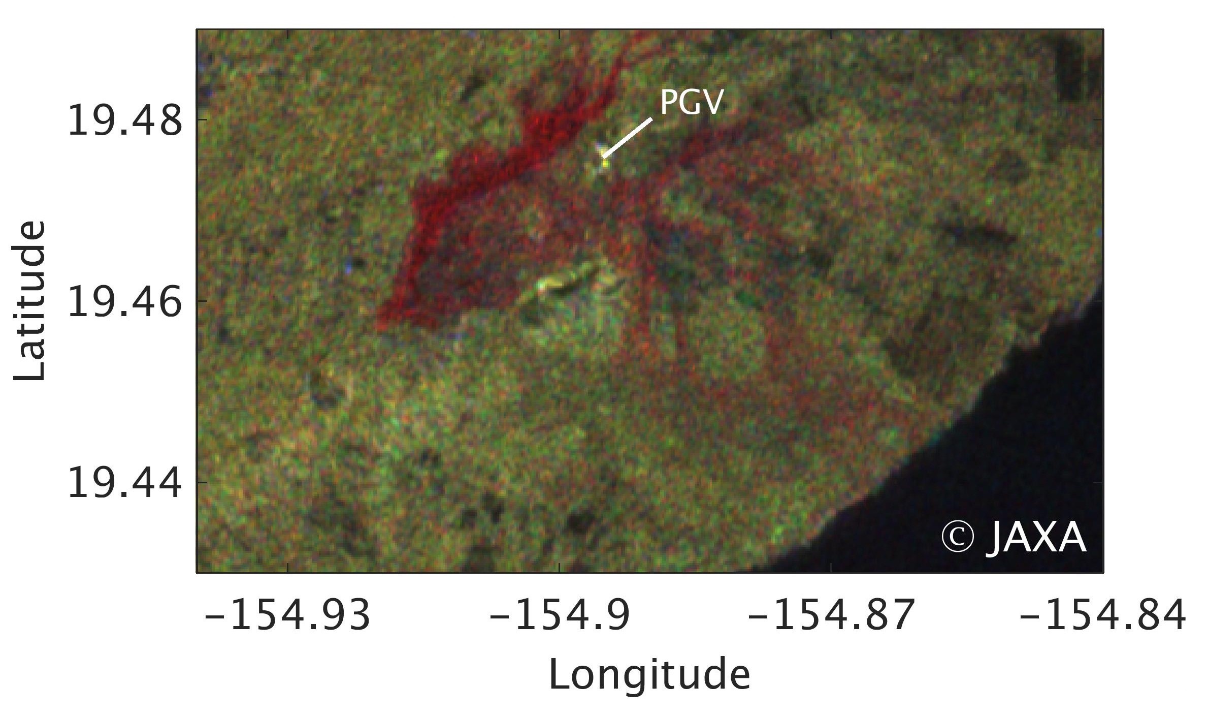 図3: 2018年5月31日と2018年5月17日の観測データを用いたレイラニ・エステート周辺の強度画像のカラー合成