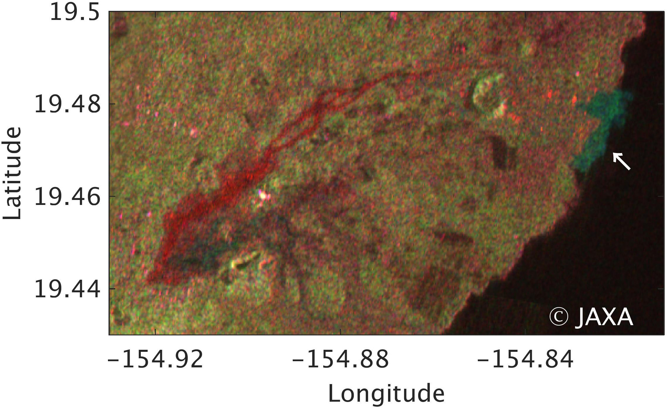 図8: 2018年6月9日と2018年5月26日の観測データを用いたレイラニ・エステート周辺の強度画像のカラー合成