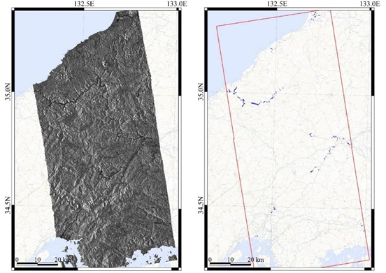 図2：島根県・広島県周辺の「だいち2号」の観測画像（左）および推定された浸水域（右、青色部分）