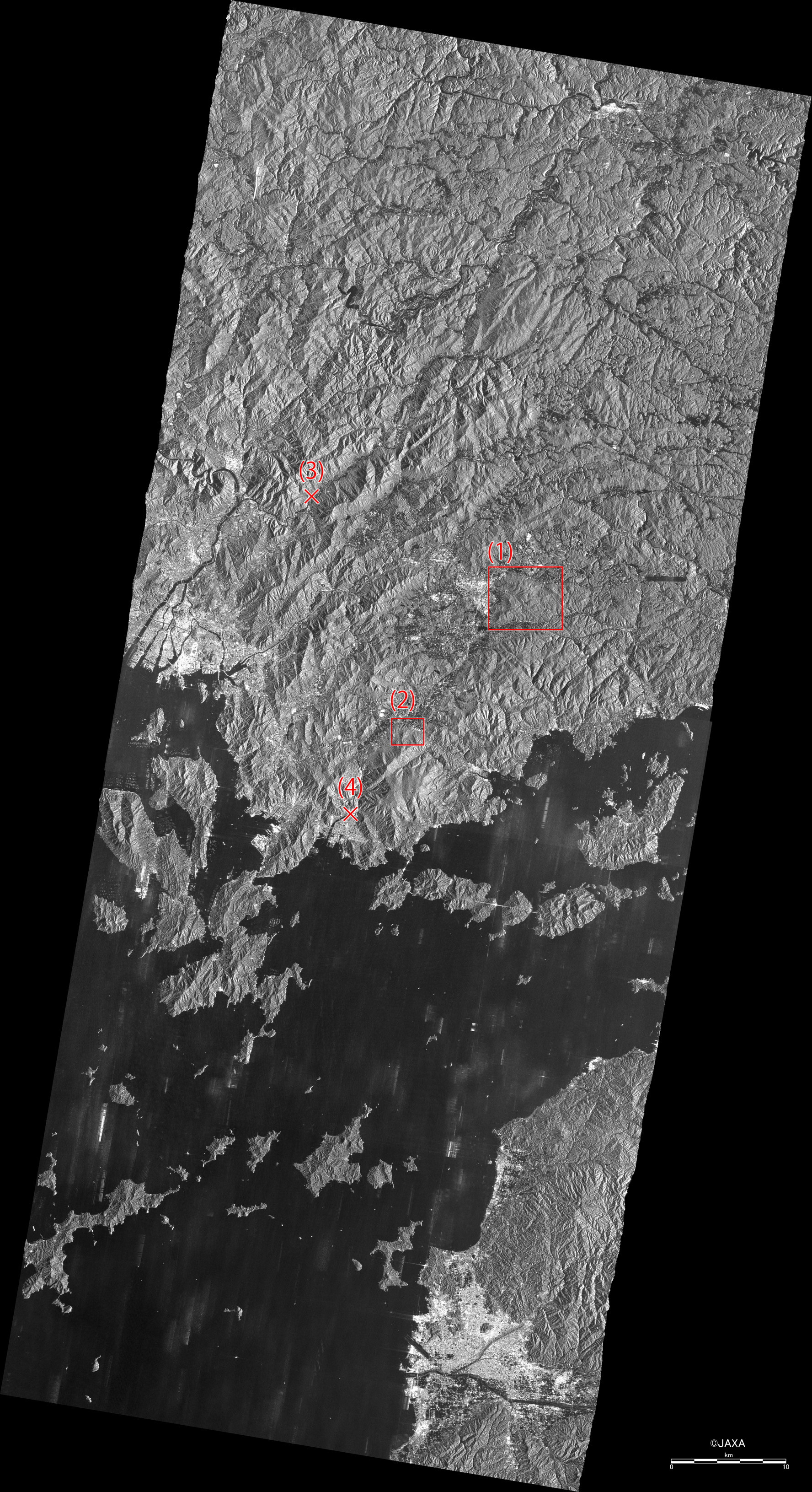 図4: 7月8日11時56分頃の広島県周辺のPALSAR-2画像。