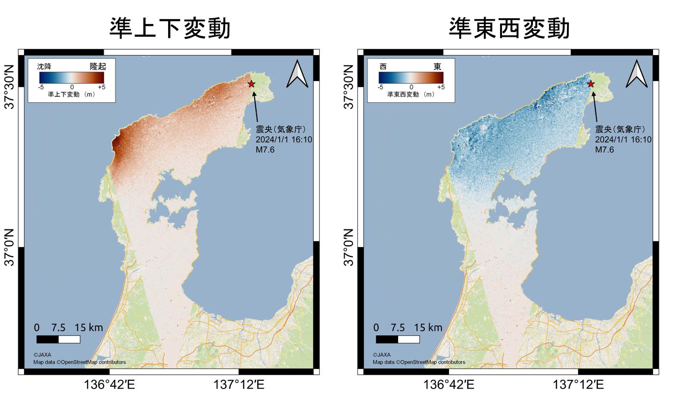 図12：1月1日観測ペア（図3）と1月2日観測ペア（図5）を使用した2.5次元解析結果（左）準上下変動（右）準東西変動