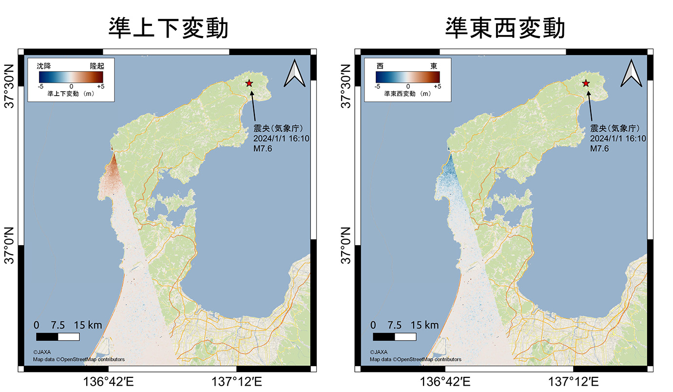 図13： 1月3日観測ペア（図7）と1月15日観測ペアを使用した2.5次元解析結果（左）準上下変動（右）準東西変動