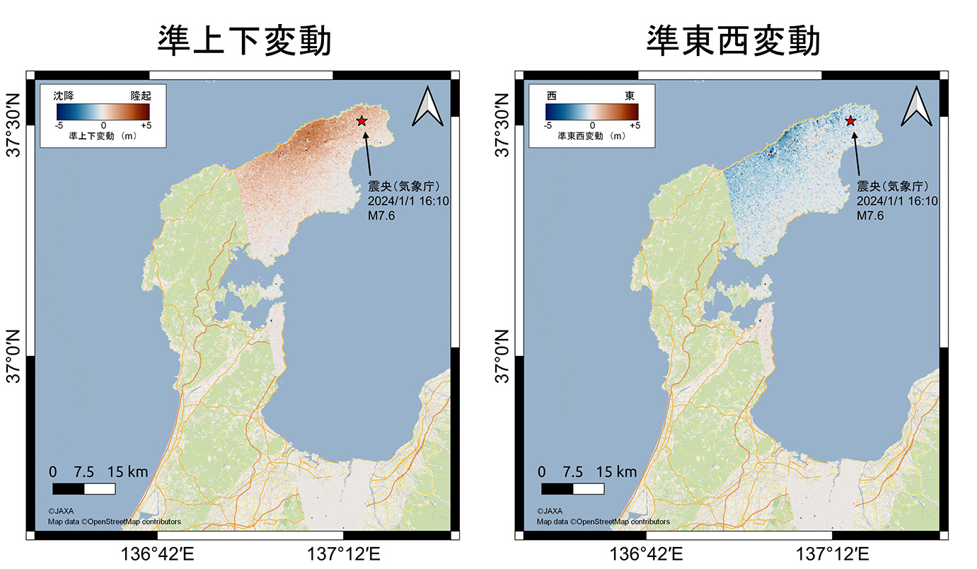 図14： 1月9日観測ペアと1月12日観測ペアを使用した2.5次元解析結果（左）準上下変動（右）準東西変動