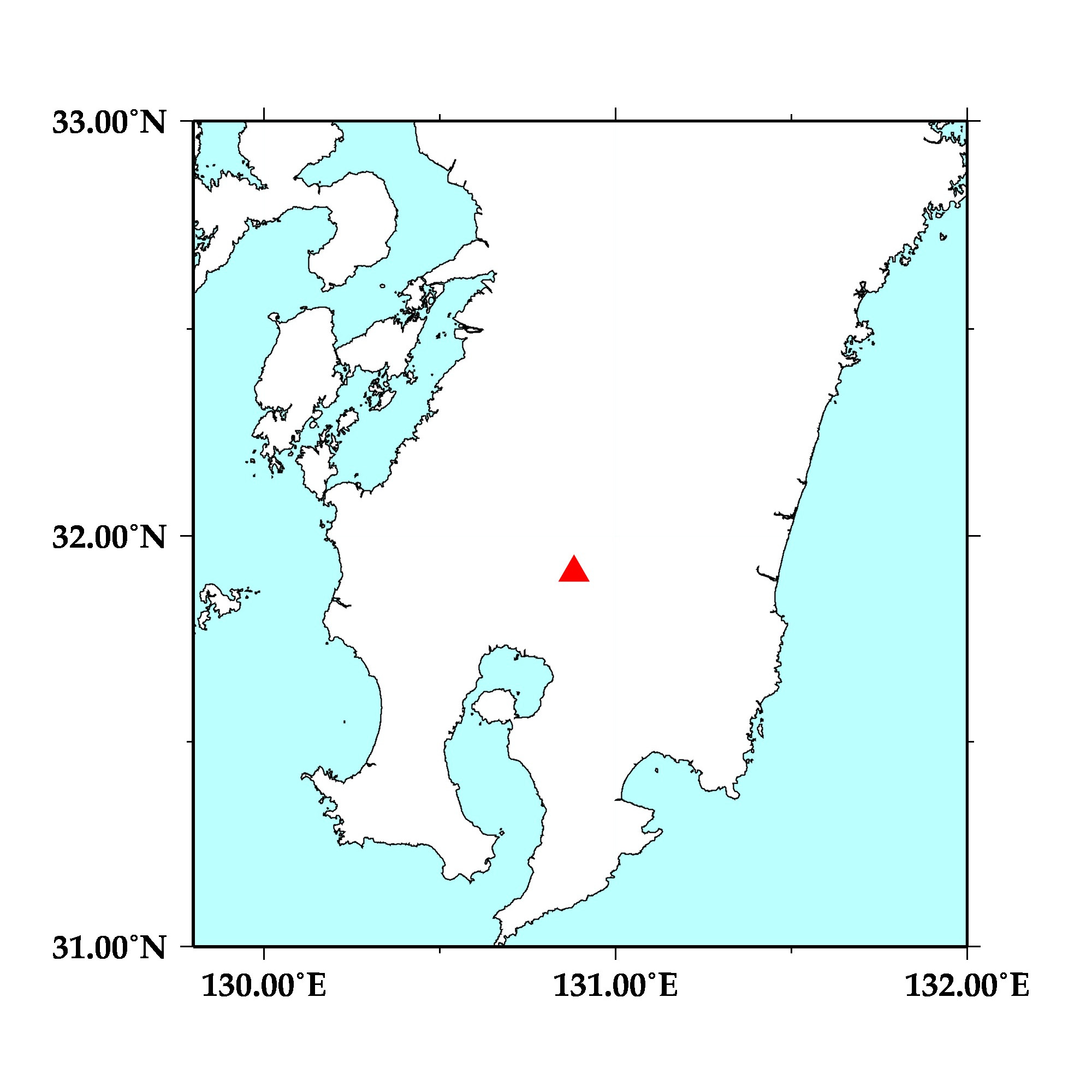 Fig. 1: Map of southern Kyusyu, Japan. The red triangle shows the location of Shinmoedake.