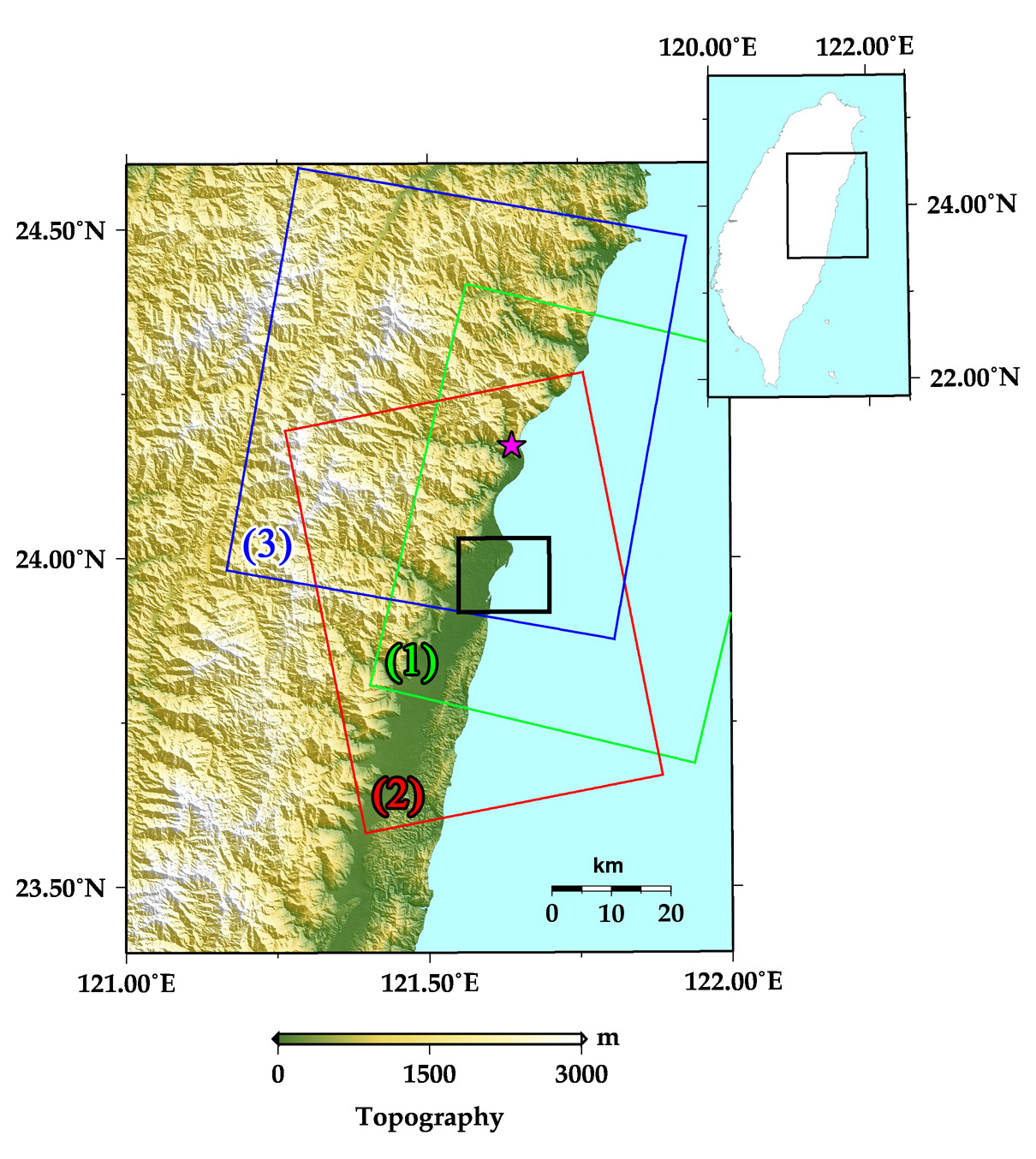 図1: 台湾の全体図（右上）と震源域周辺の標高図ならびにALOS-2による観測範囲