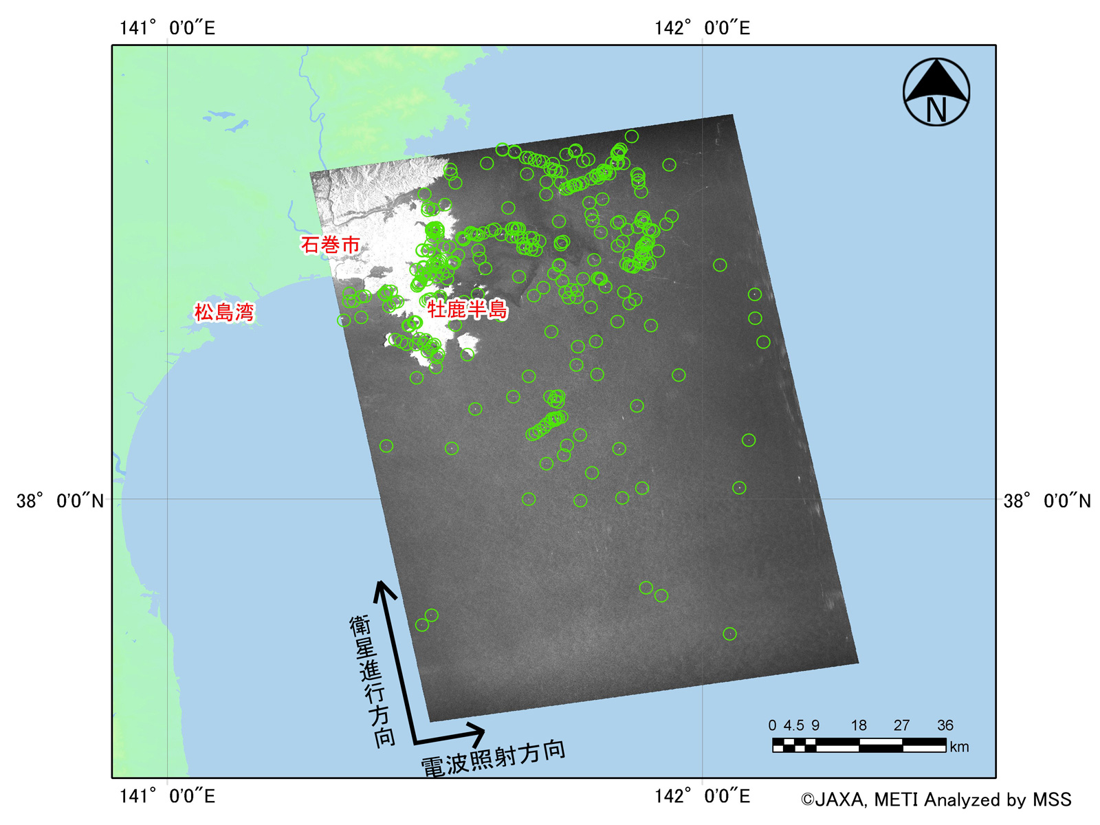 図4: PALSAR観測範囲の全体図(2011年3月15日21時56分頃)