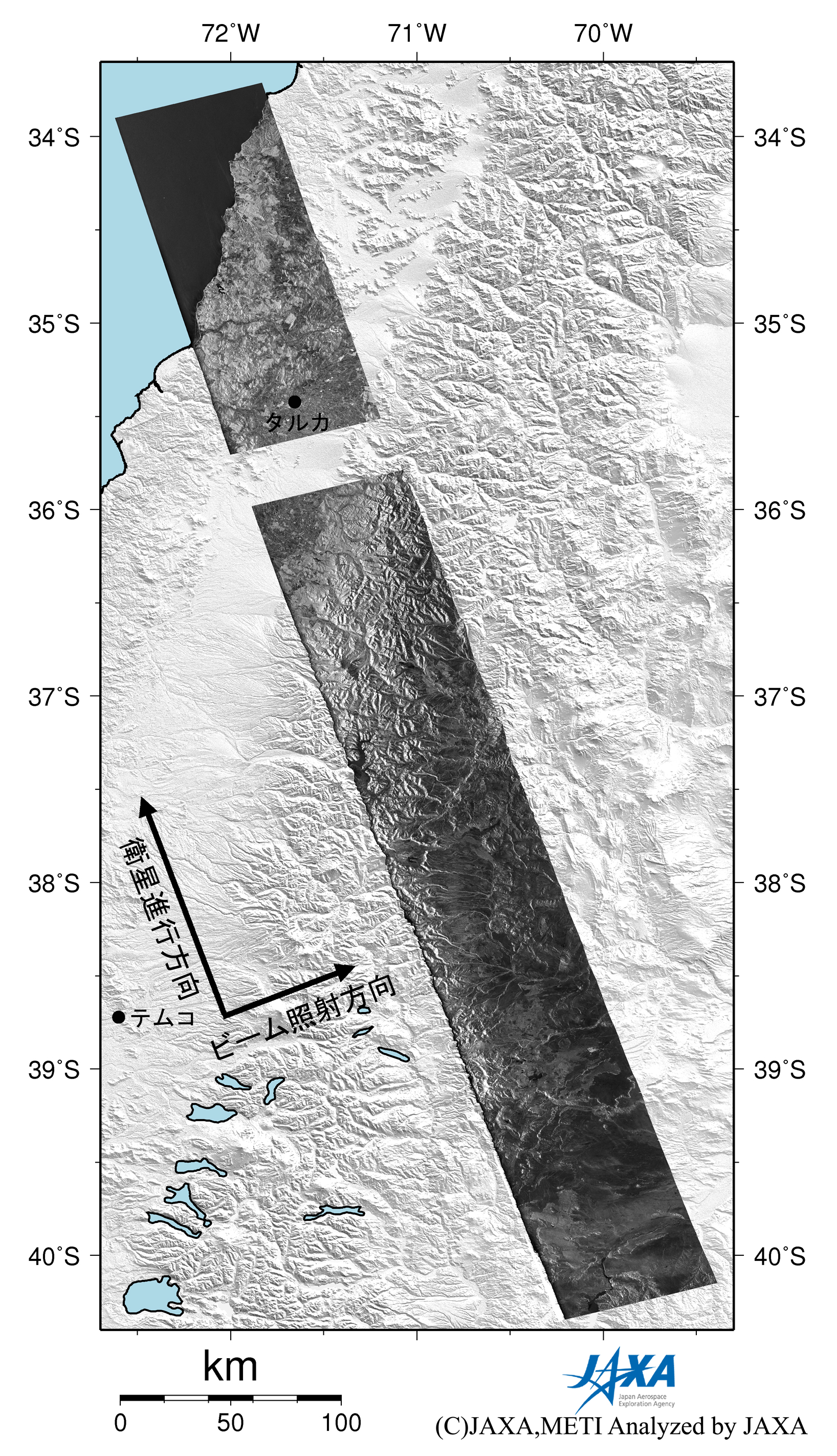 図2:(右)地震後のPALSAR強度画像