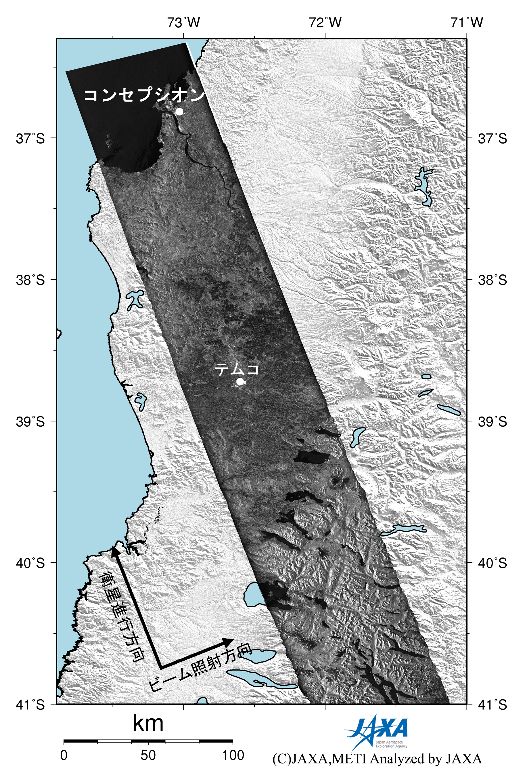 図2:(右)地震後のPALSAR強度画像
