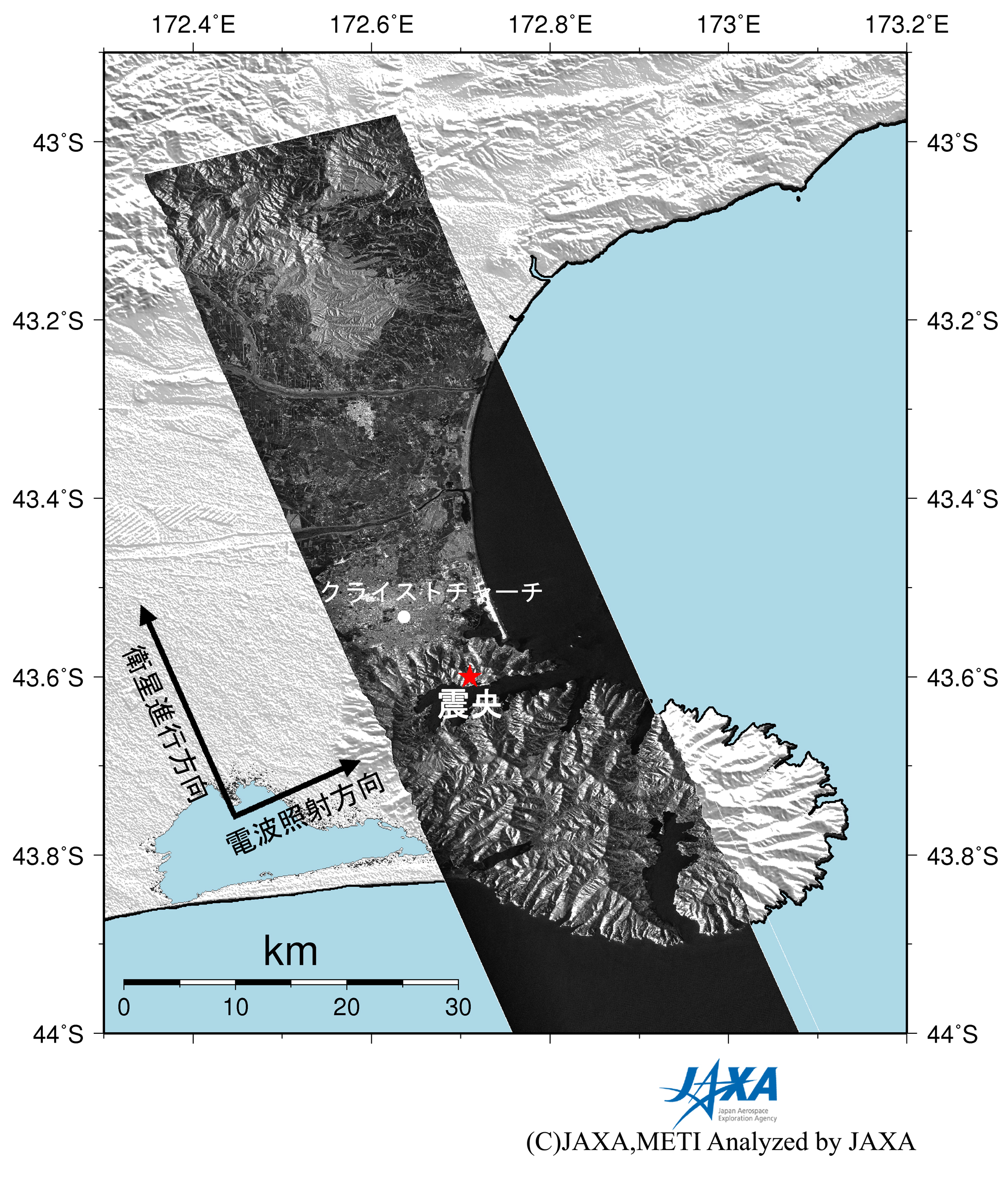 (右)地震後のPALSAR強度画像