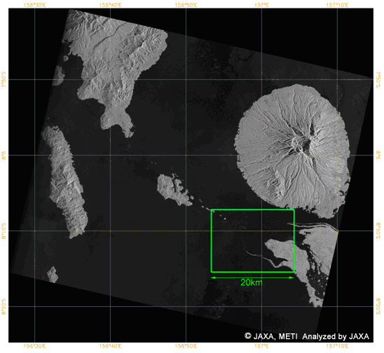 図4: 平成19年4月8日に降交軌道から36.9度で被災領域を観測したもので、70km四方を含む画像。