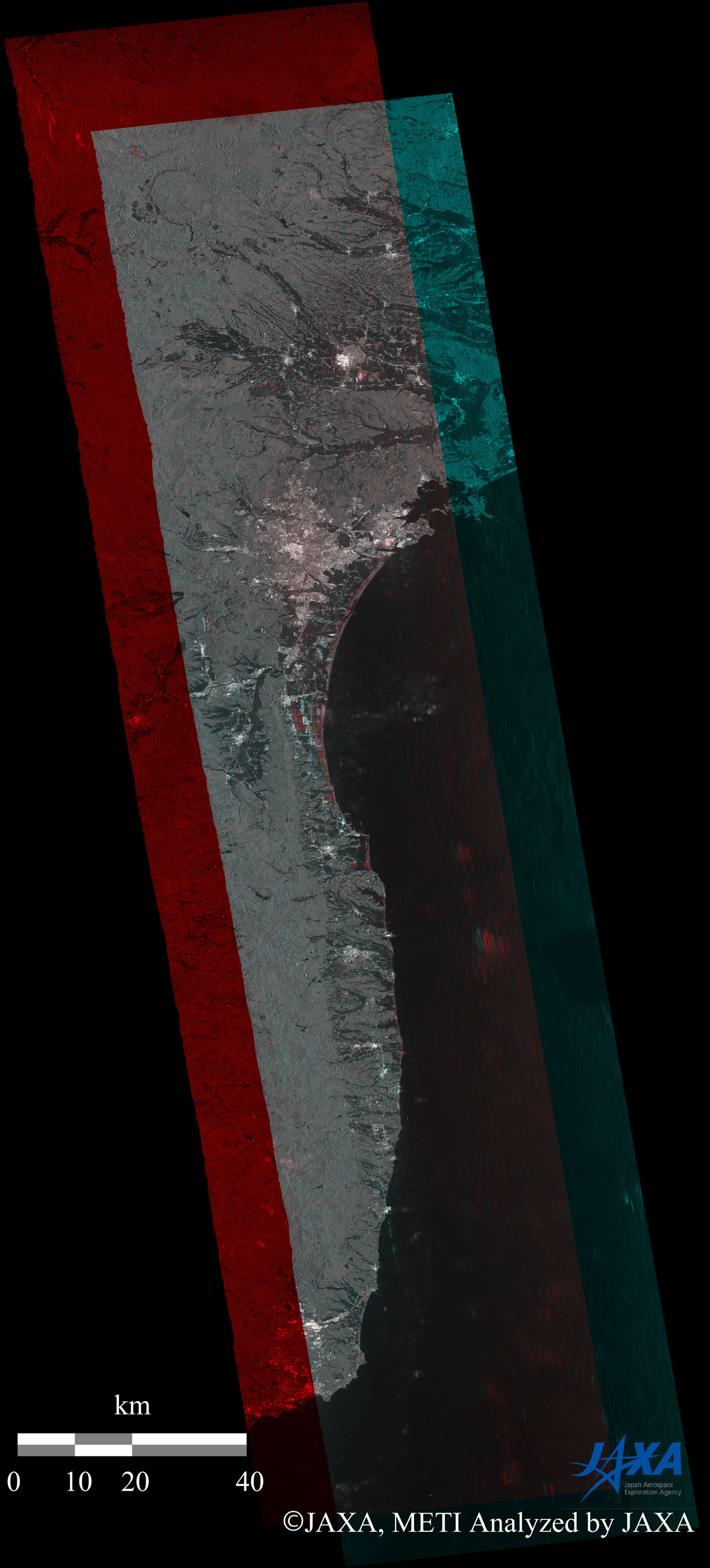 図2: PALSAR災害前後のカラー合成画像全体図