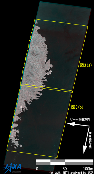 図2: PALSAR災害前後のカラー合成画像全体図