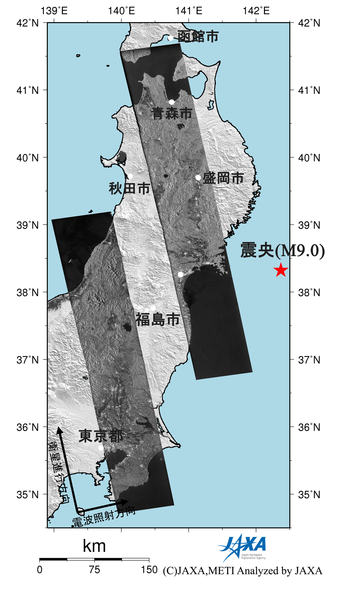 (右)地震後に観測されたPALSAR画像