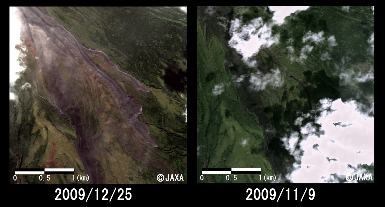 図3: マヨン山の南東側斜面の拡大(パンシャープン画像*、それぞれ約3km×3km)