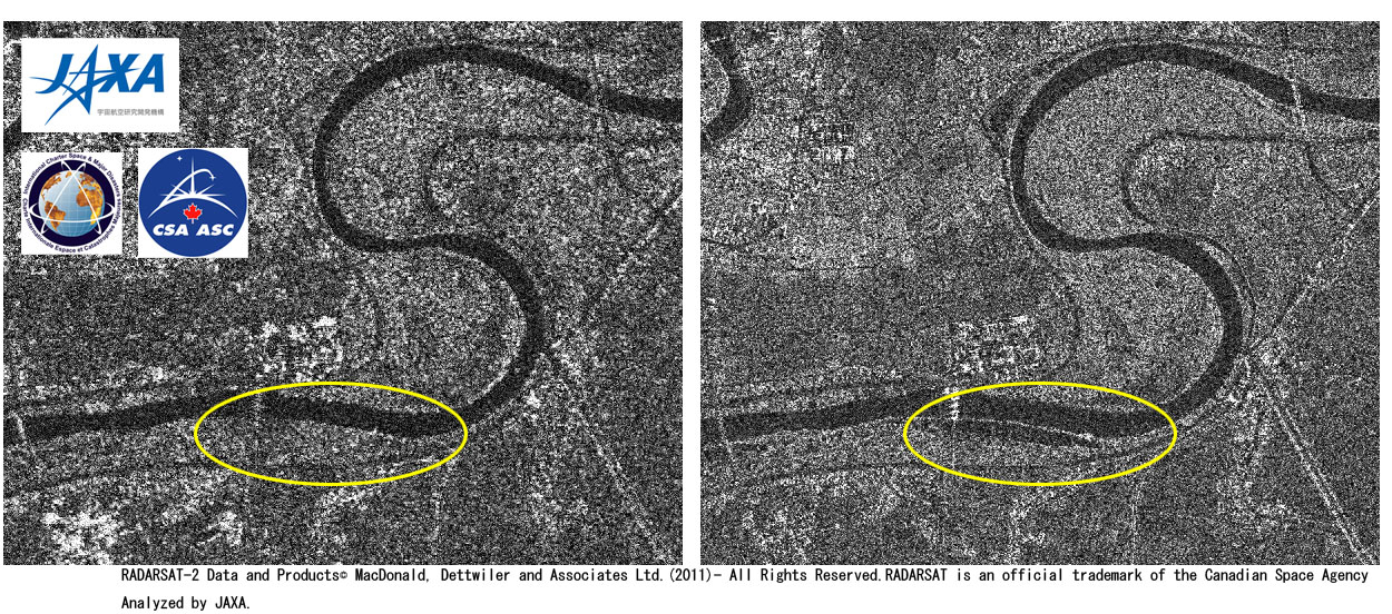 図2: RADARSAT-2による信濃川周辺の災害前後比較画像