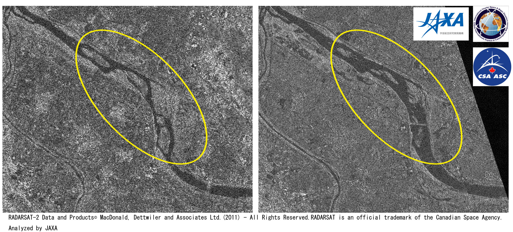 図3: RADARSAT-2による阿賀野川周辺の災害前後比較画像