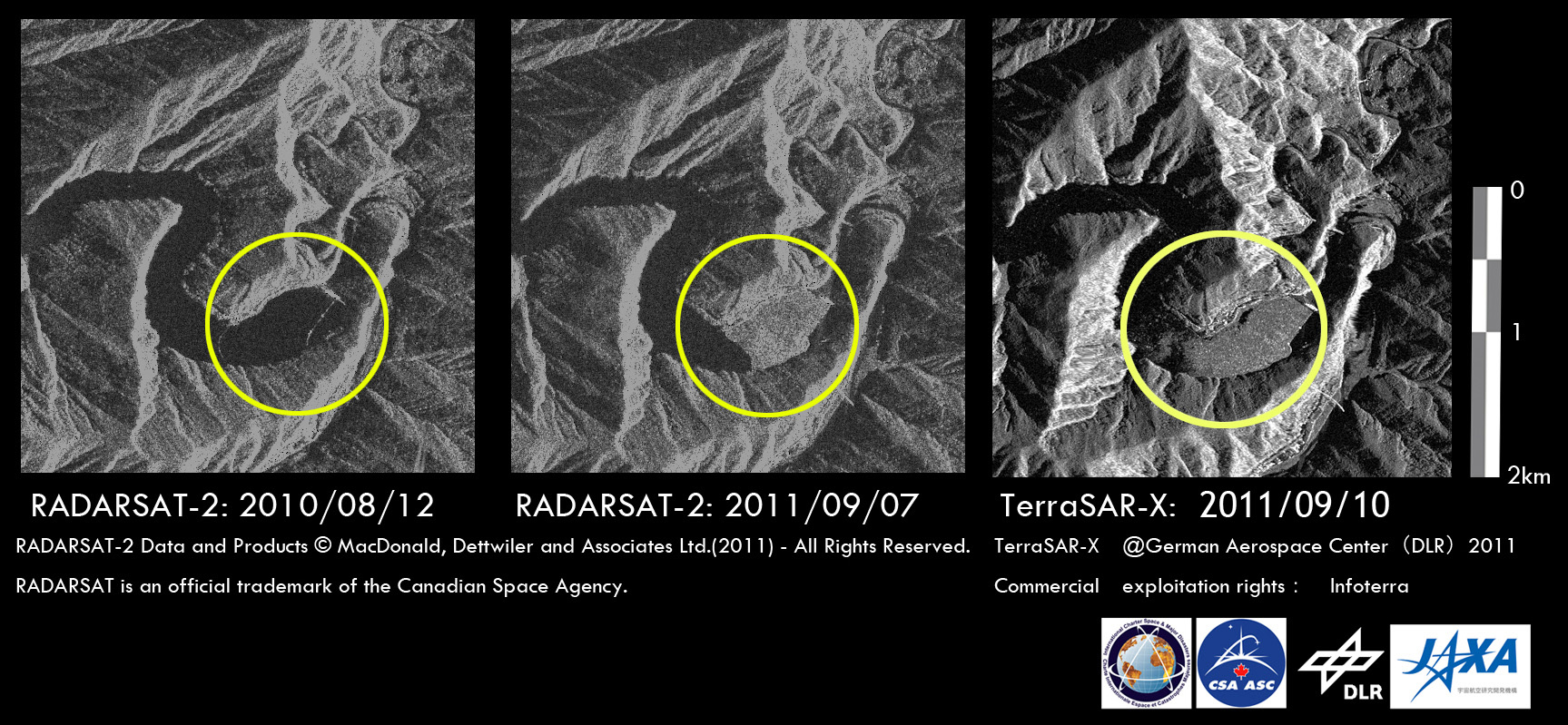 図3: TerraSAR-X及びRADARSAT-2による奈良県吉野郡十津川村野尻付近の災害前後比較画像