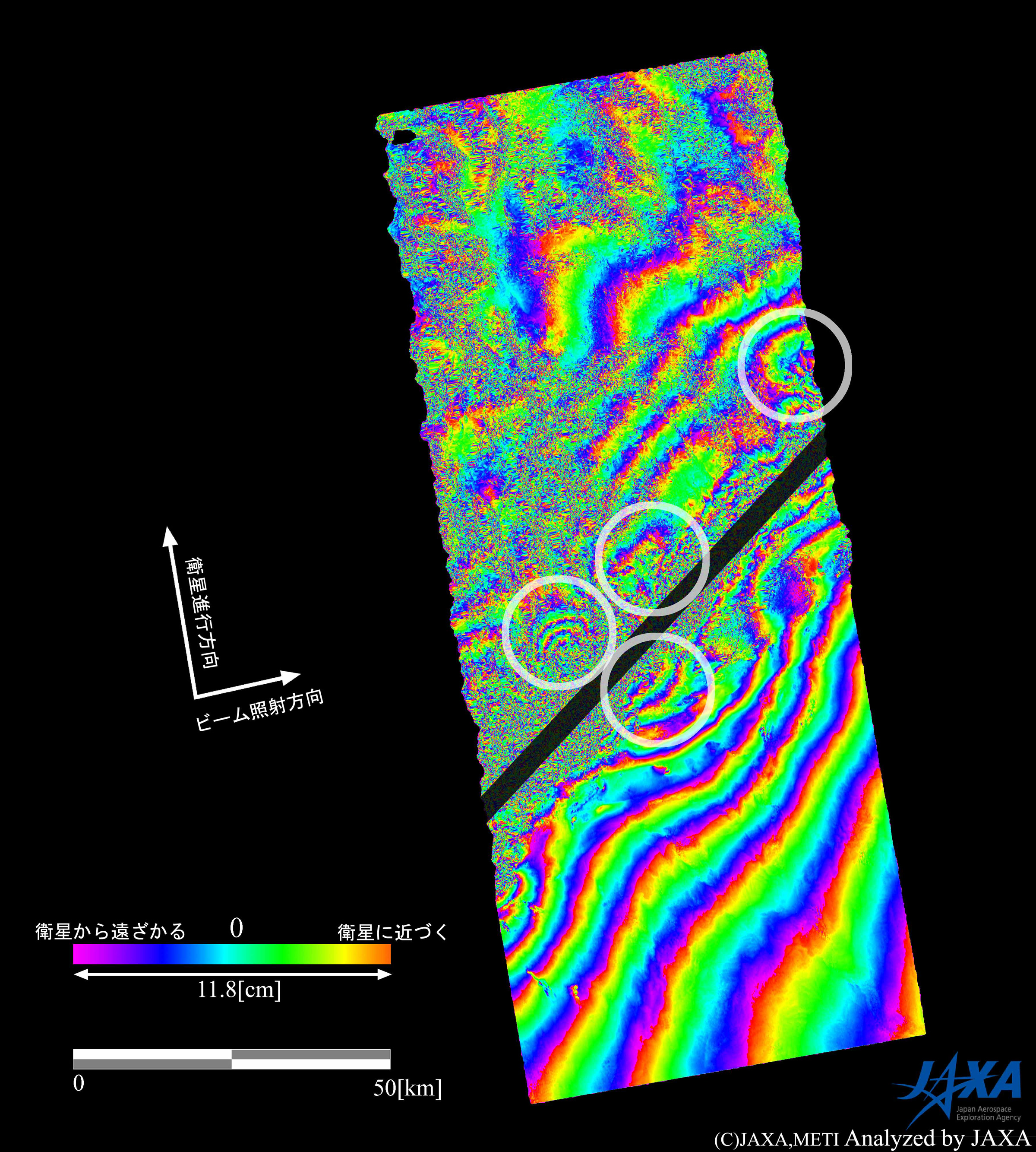 図3: 南北200km×東西75km 干渉画像(拡大図) 図中黒線は断層