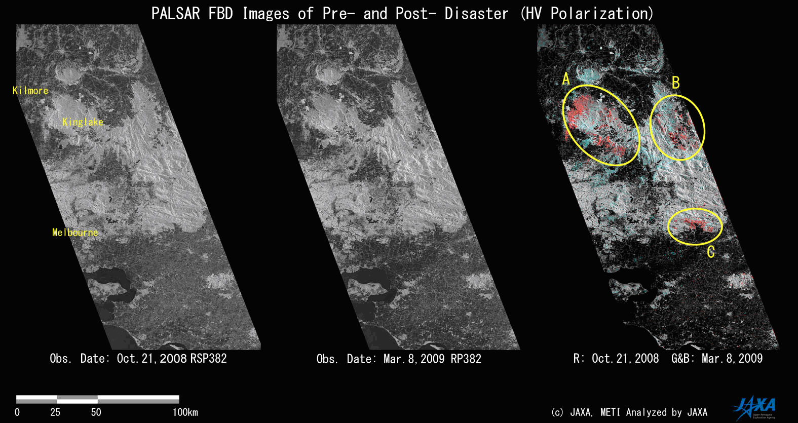 図1: PALSARによる被災地域(薄赤)とMODISの画像