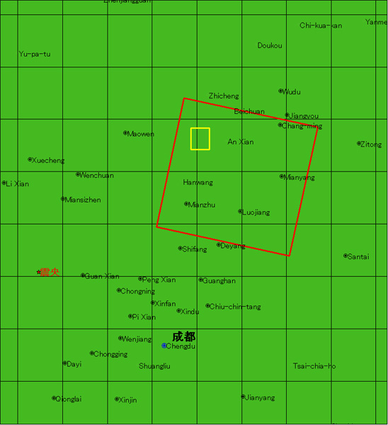 図3: 観測場所の位置 (赤枠：AVNIR-2(図1)の観測範囲, 黄枠：図2の範囲)