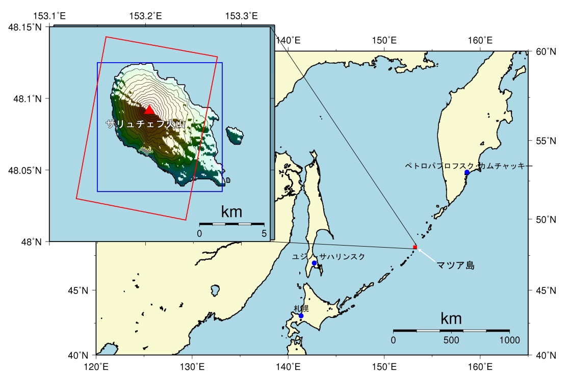 >図2: 千島列島マツア島の場所とPALSARによる観測範囲(赤枠)。青枠は図1の範囲を示す。