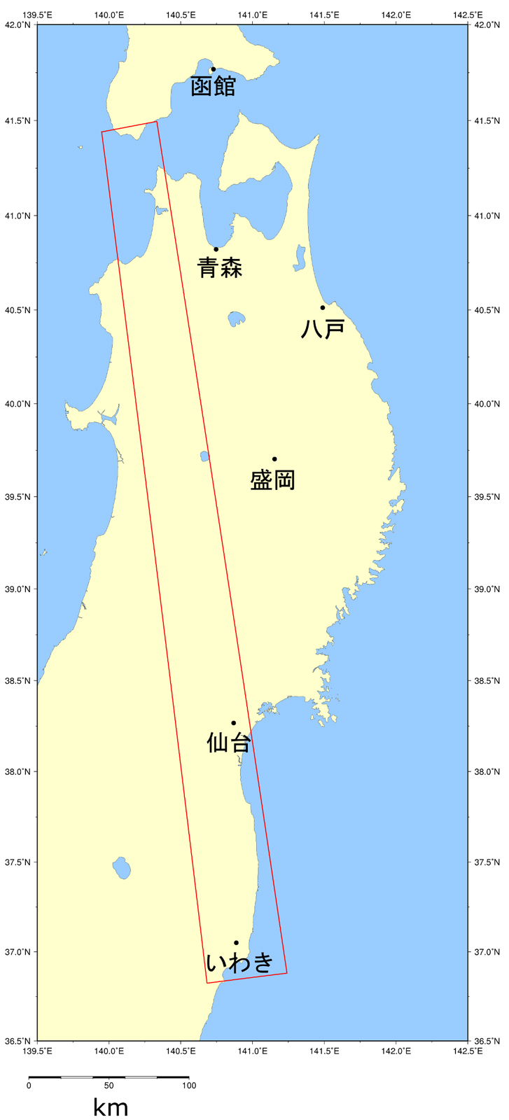 図1: 2011年3月13日観測のデータから抽出した宮城県の浸水域
