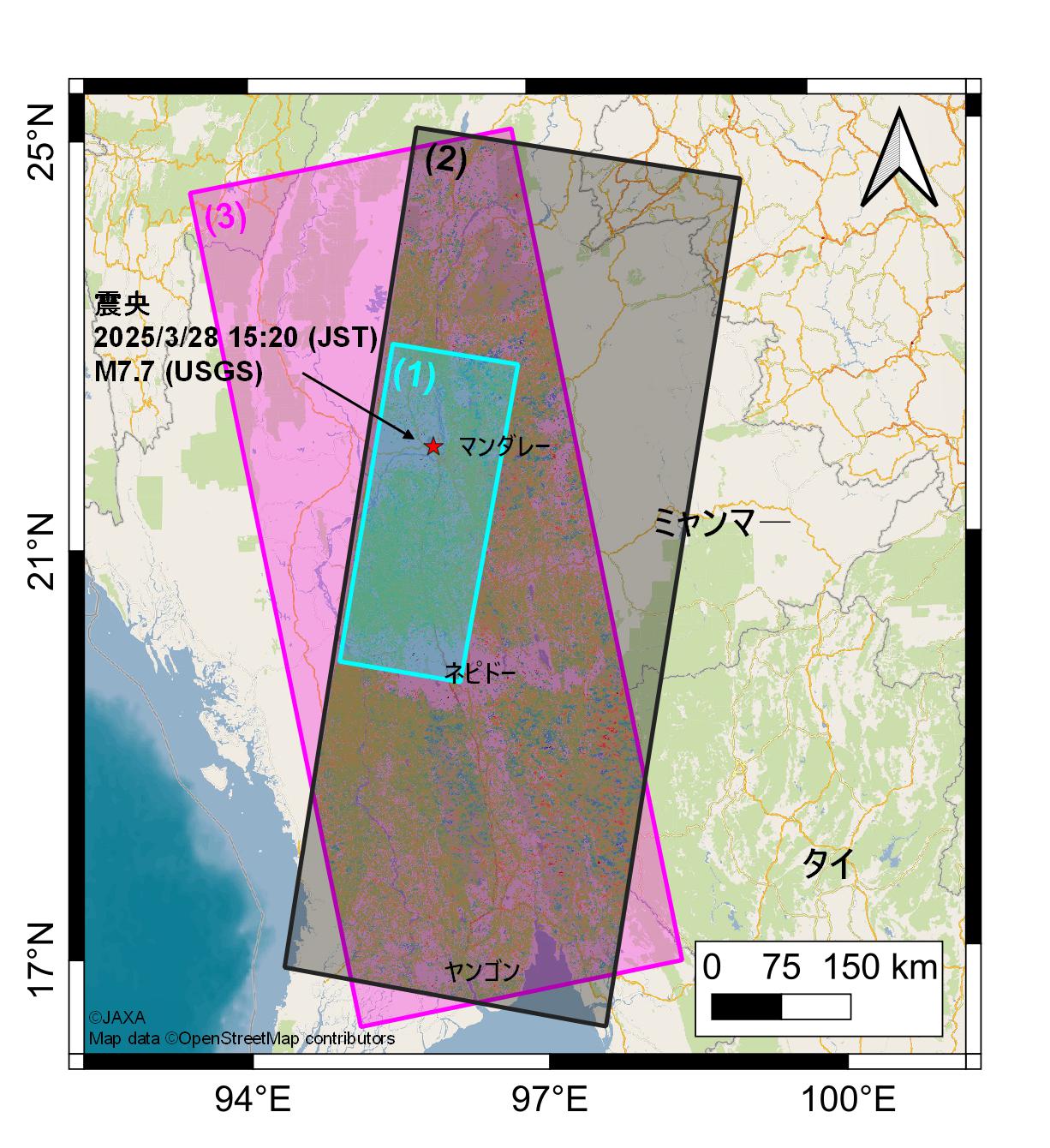 図1：「だいち2号」と「だいち４号」による3月29日～4月9日の観測範囲（図中番号は表1と対応）。星印は震央の位置（USGS発表*1）を示します。